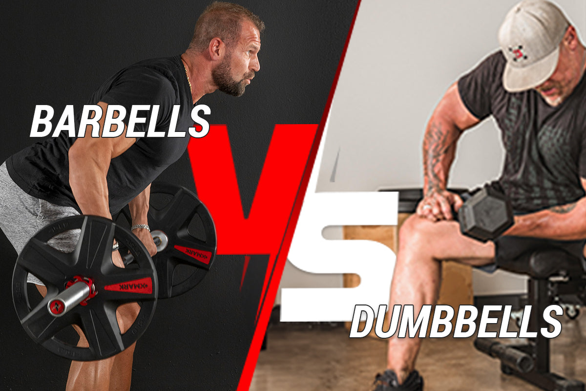 Dumbbell vs barbells standoff with man using a barbell and another man curling dumbbells