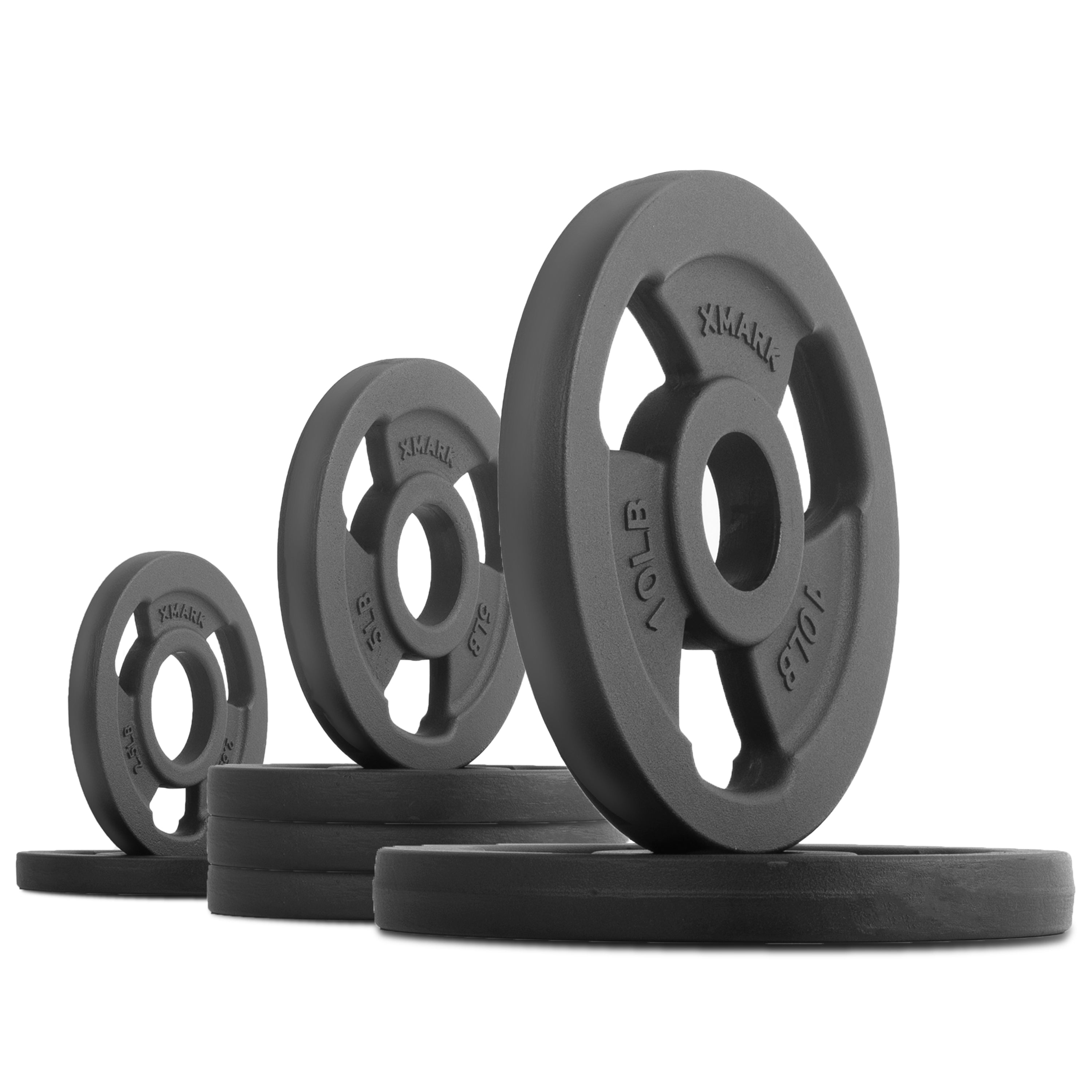 A 45 lb set of powdered coated cast iron Olympic weights.