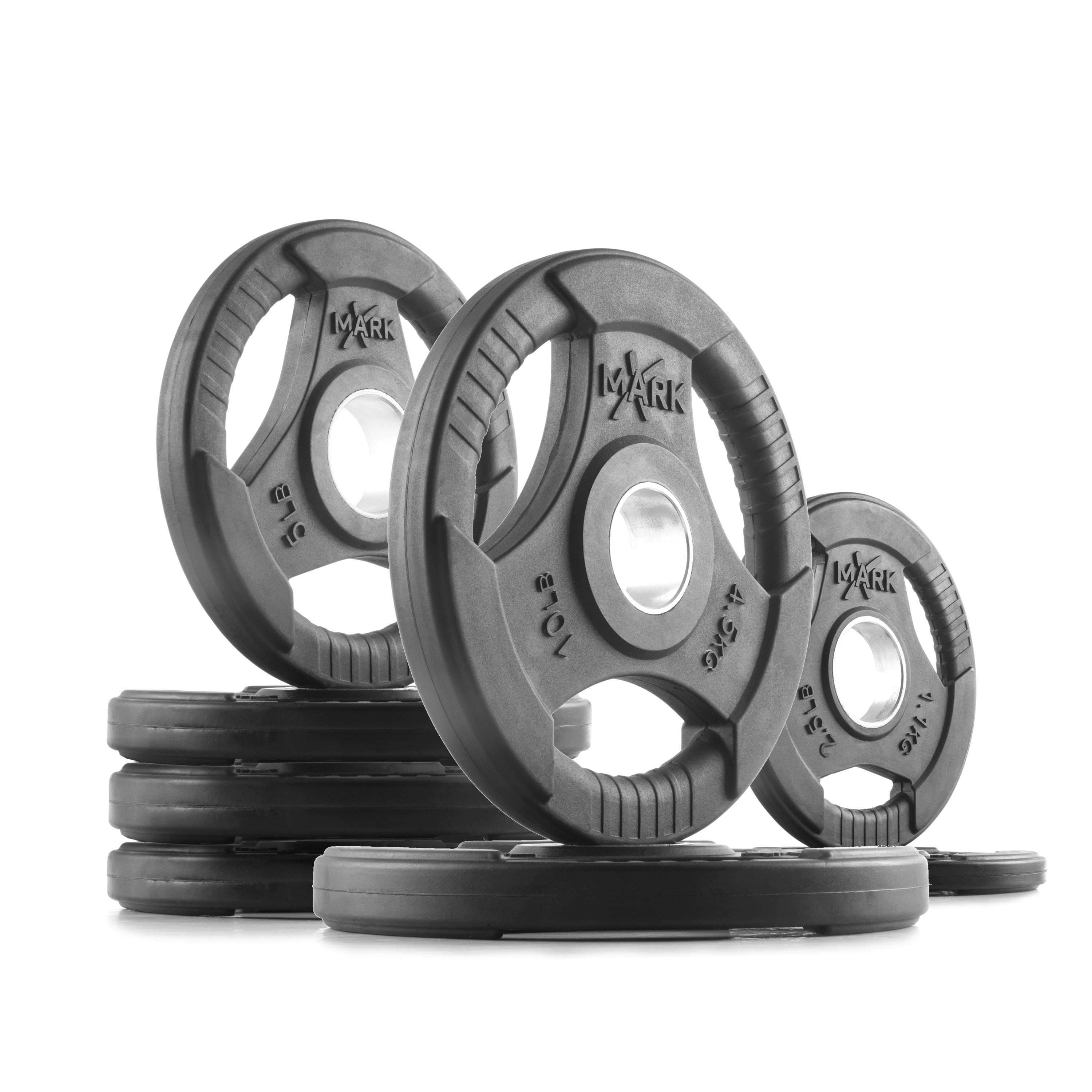Black tri-grip Olympic 45 lb weight set with two 10lb plates, four 5 lb plates, and two 2.5 lb plates, with a solid cast iron core and rubber encasing, marked with the weight  and brand.