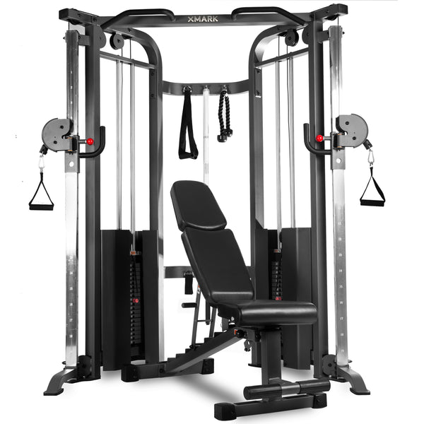 Functional Trainer Cable Machine with 200 lb Weight Stacks and Adjustable Weight Bench