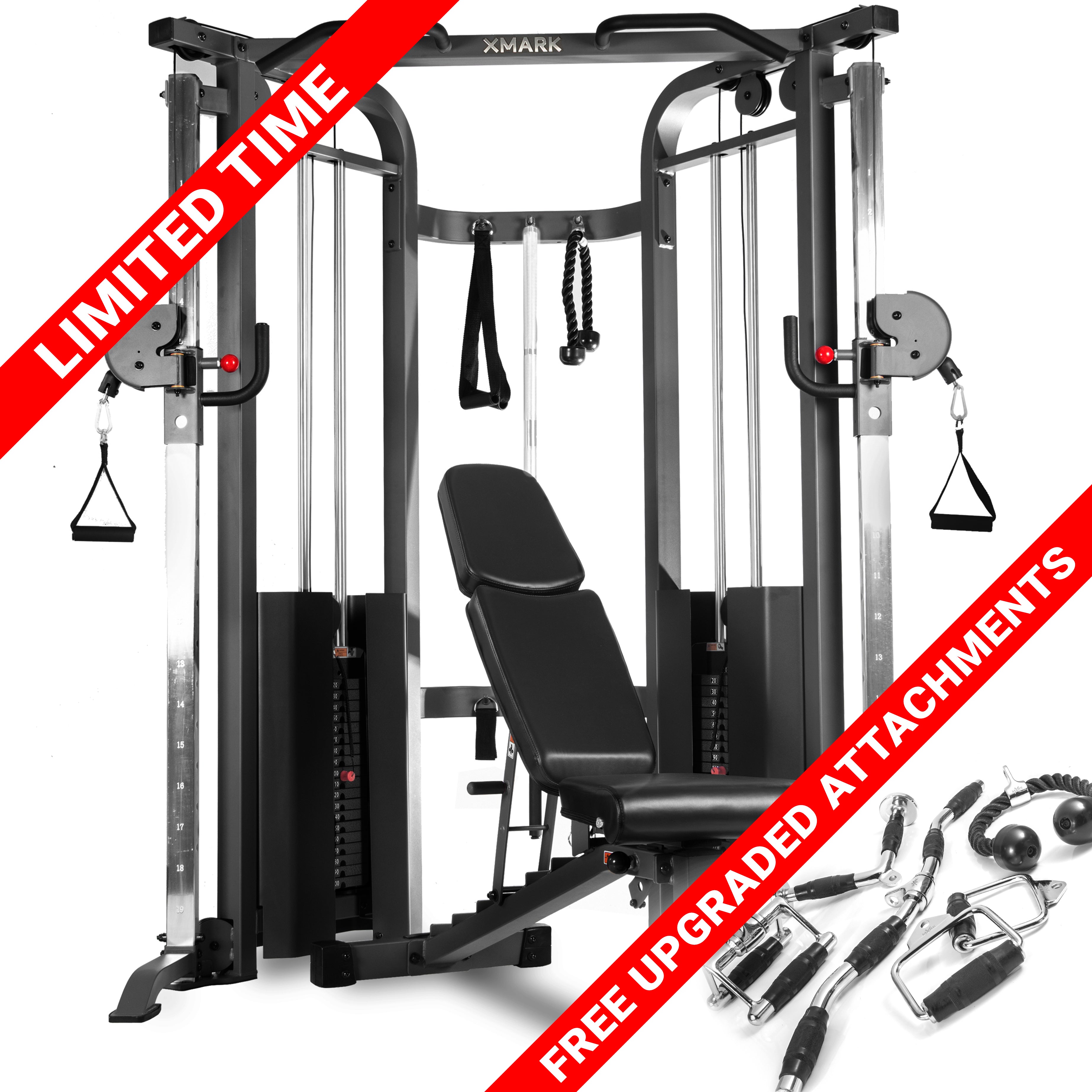 Functional Trainer Cable Machine with 200 lb Weight Stacks and Adjustable Weight Bench