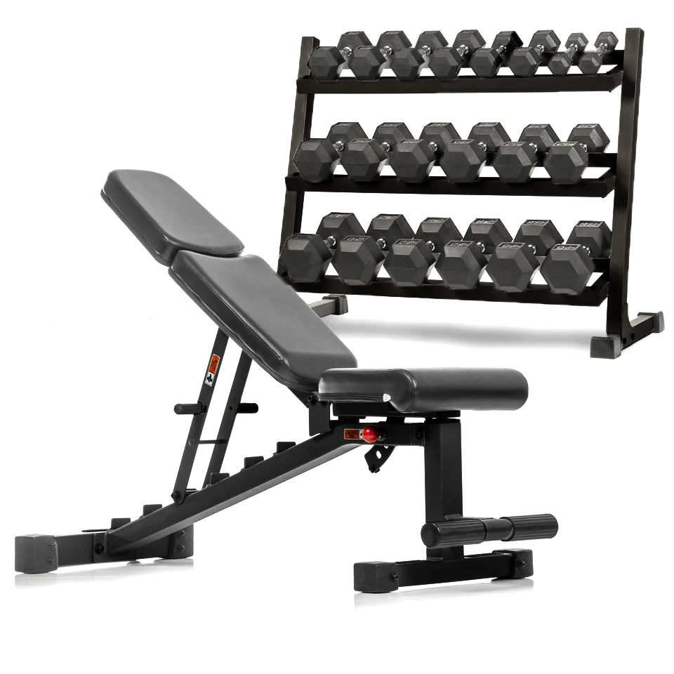 Black adjustable weight bench with 550 lbs of hex dumbbells and 3 tier dumbbell rack