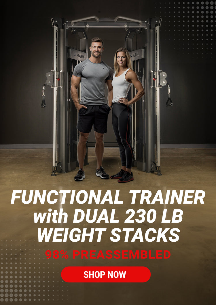 Couple standing in front of a 90 inch XMARK functional trainer 