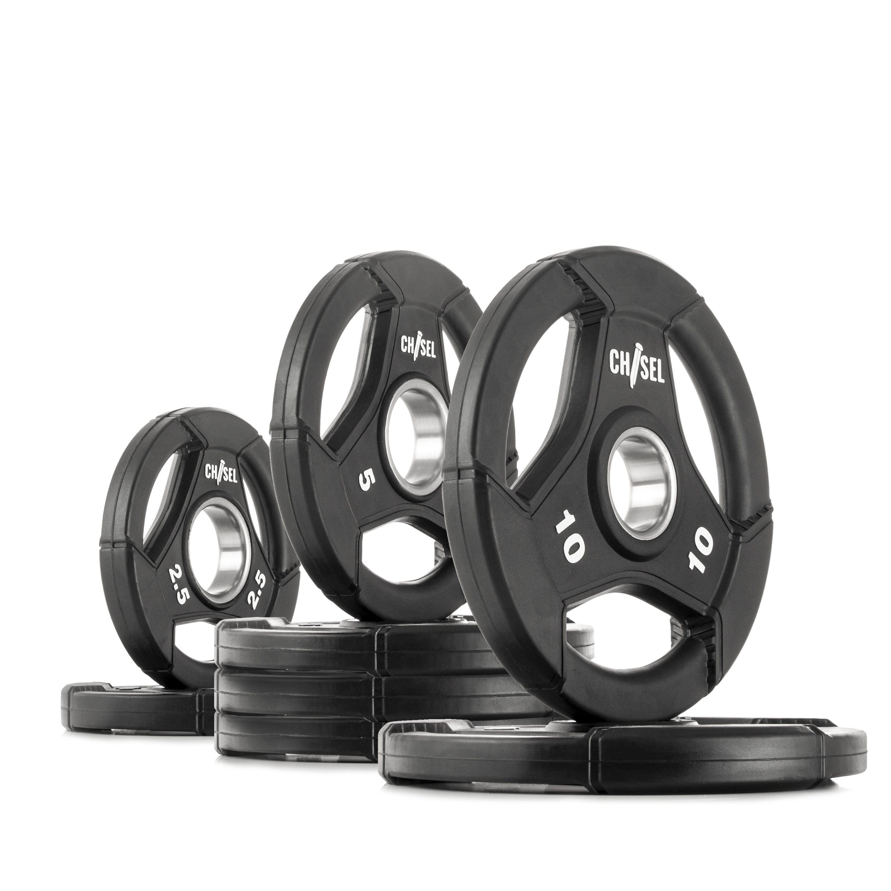 45 lb set of Chisel tri-grip weight plates with logo and weight in lbs displayed on plate