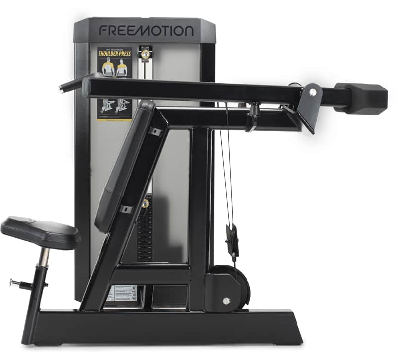 A black and gray FREEMOTION shoulder press cable machine on a plain white background.