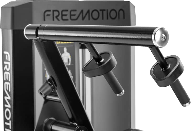 Close-up of handles on a  Freemotion selectorized triceps extension machine,