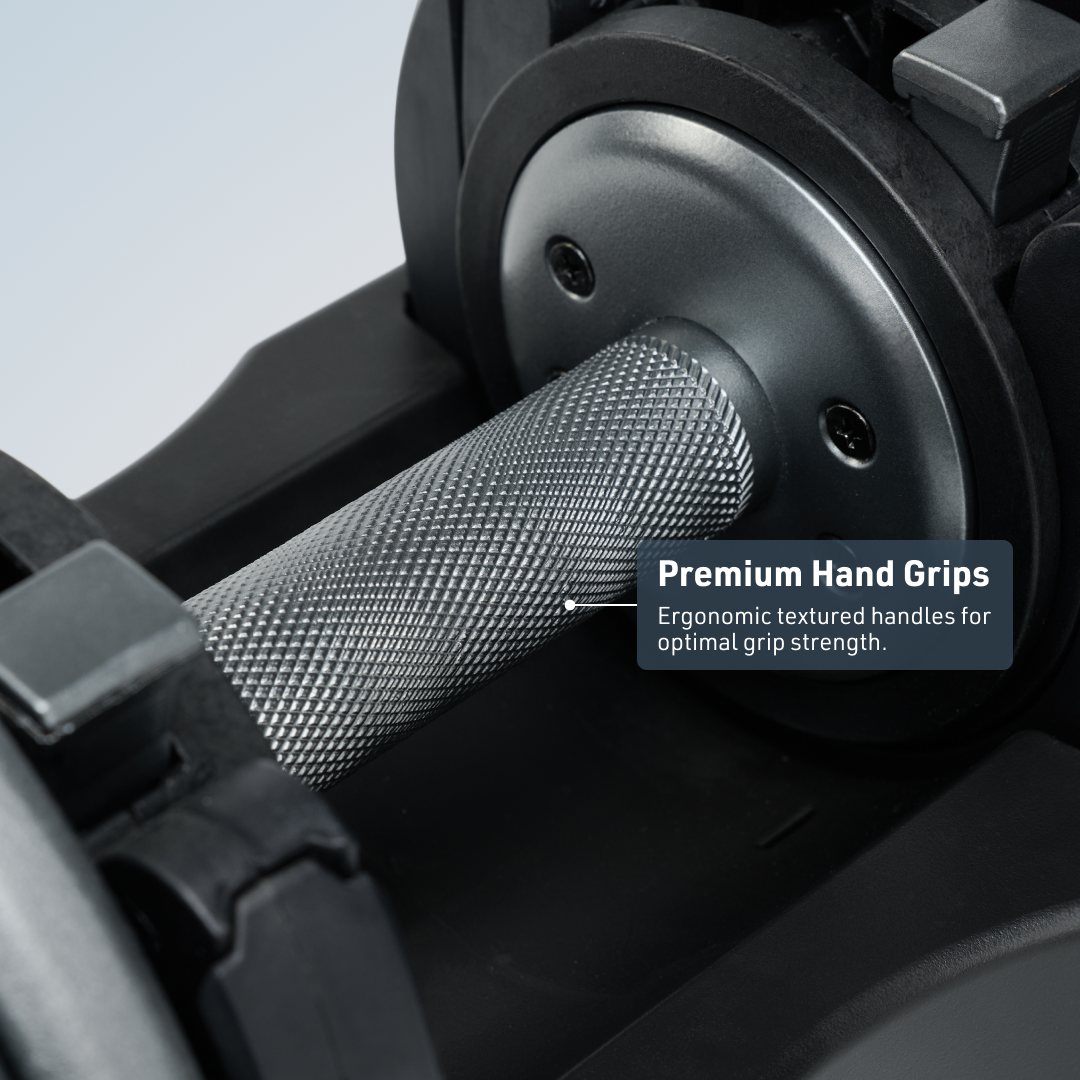 Adjustable dumbbells, close up of the knurling on the handle