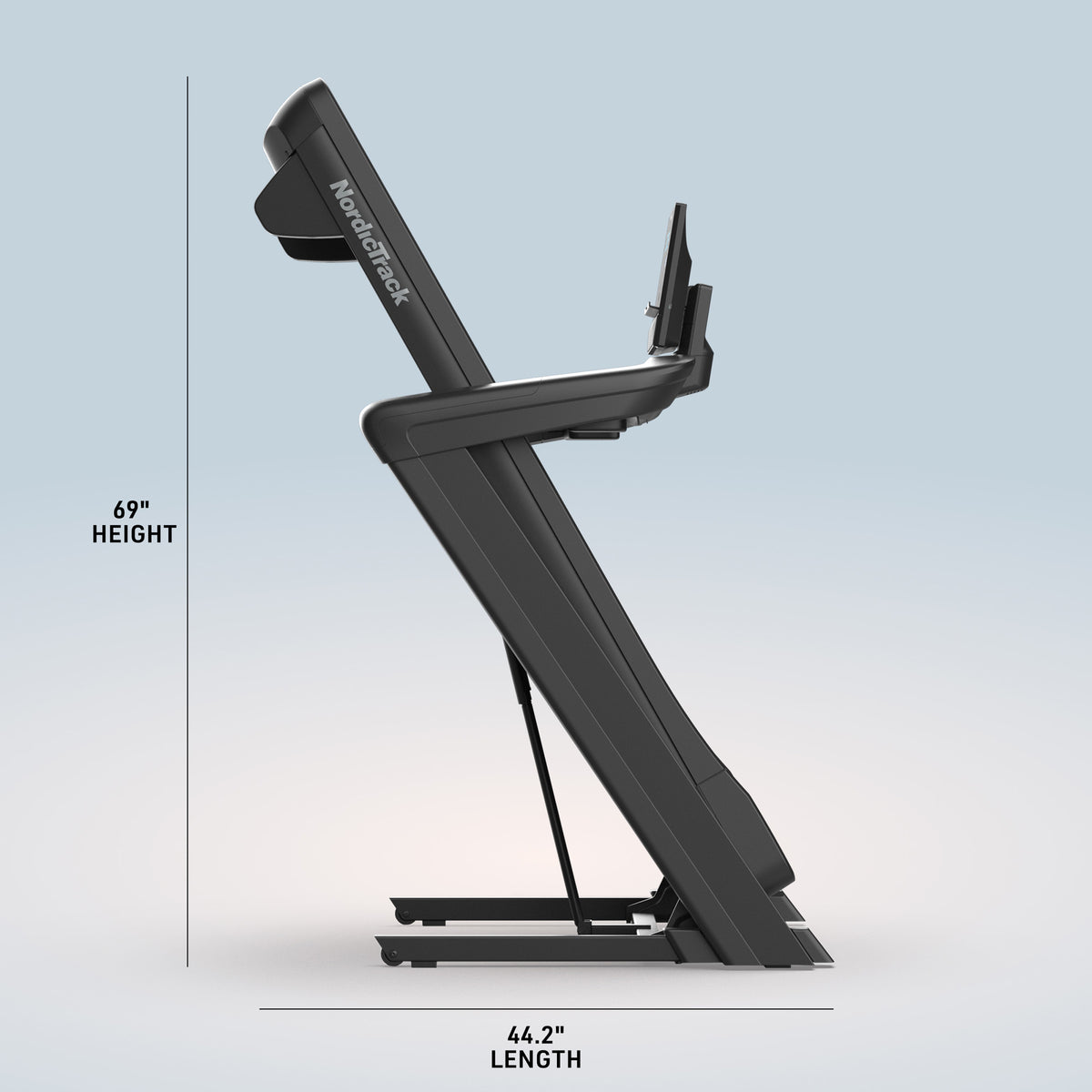NordicTrack Commercial LE Treadmill with its deck folded up for storage
