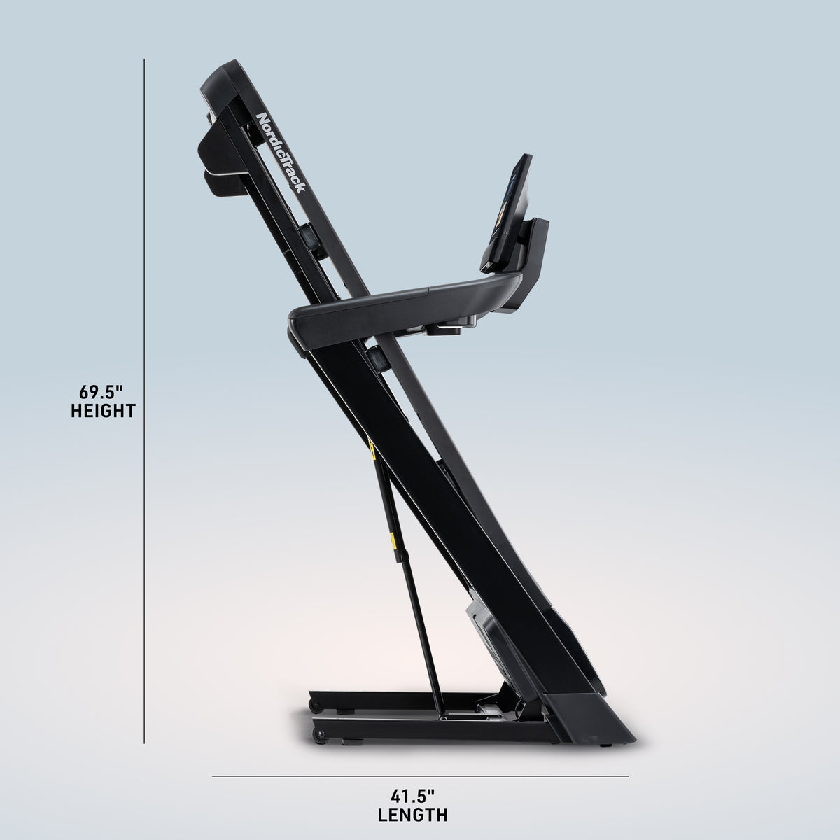 NordicTrack T Series 16 treadmill with its deck folded up for storage