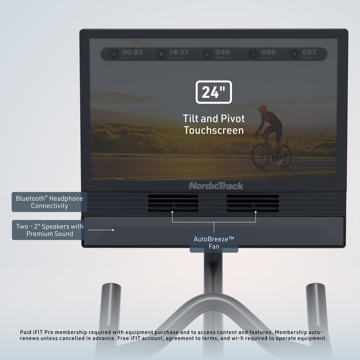 Touchscreen display on a NordicTrack exercise bike with features highlighted.