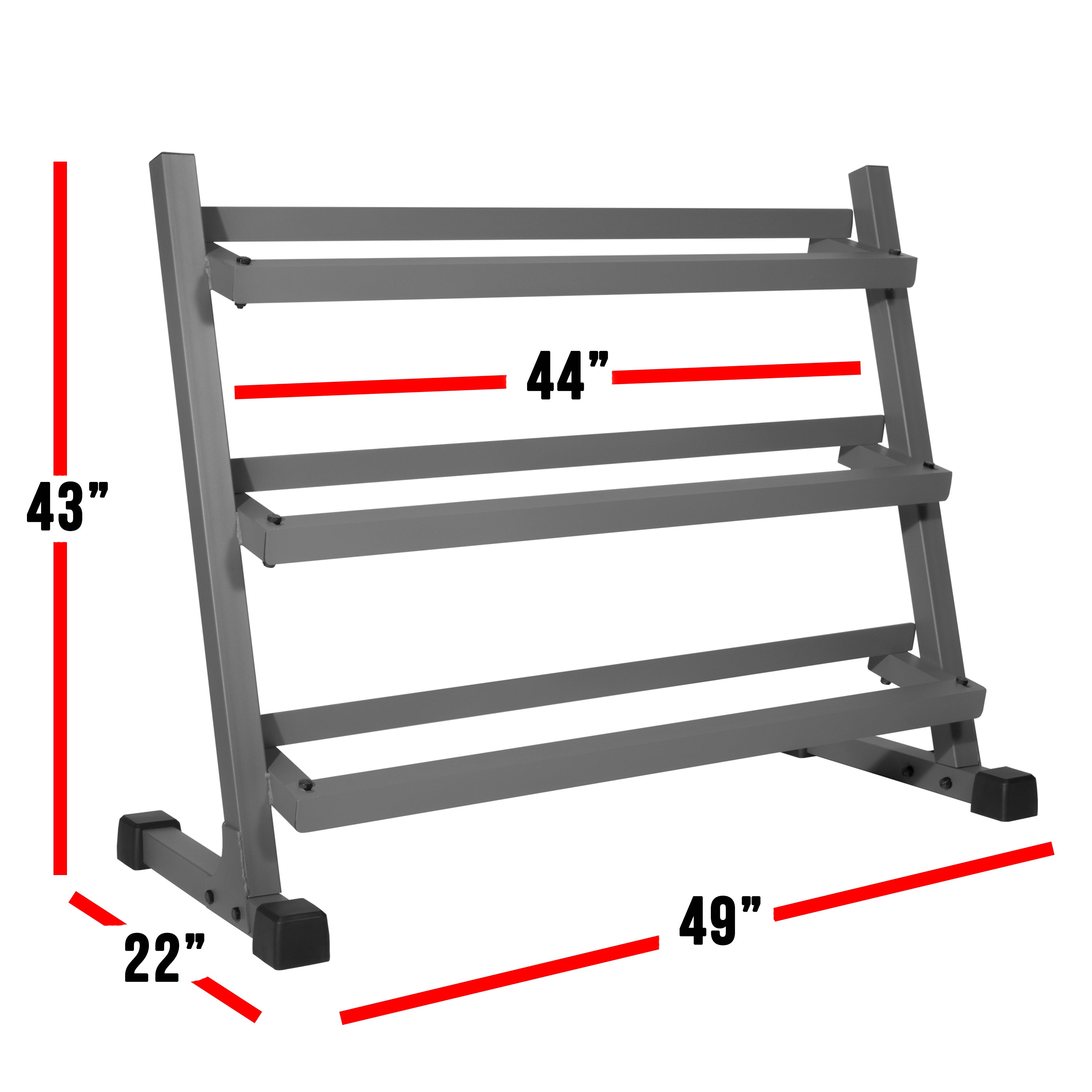 A gray metal multi-tier storage rack with red dimension lines showing 43 inches height, 44 inches width, 22 inches base width, and 49 inches depth, on a white background.