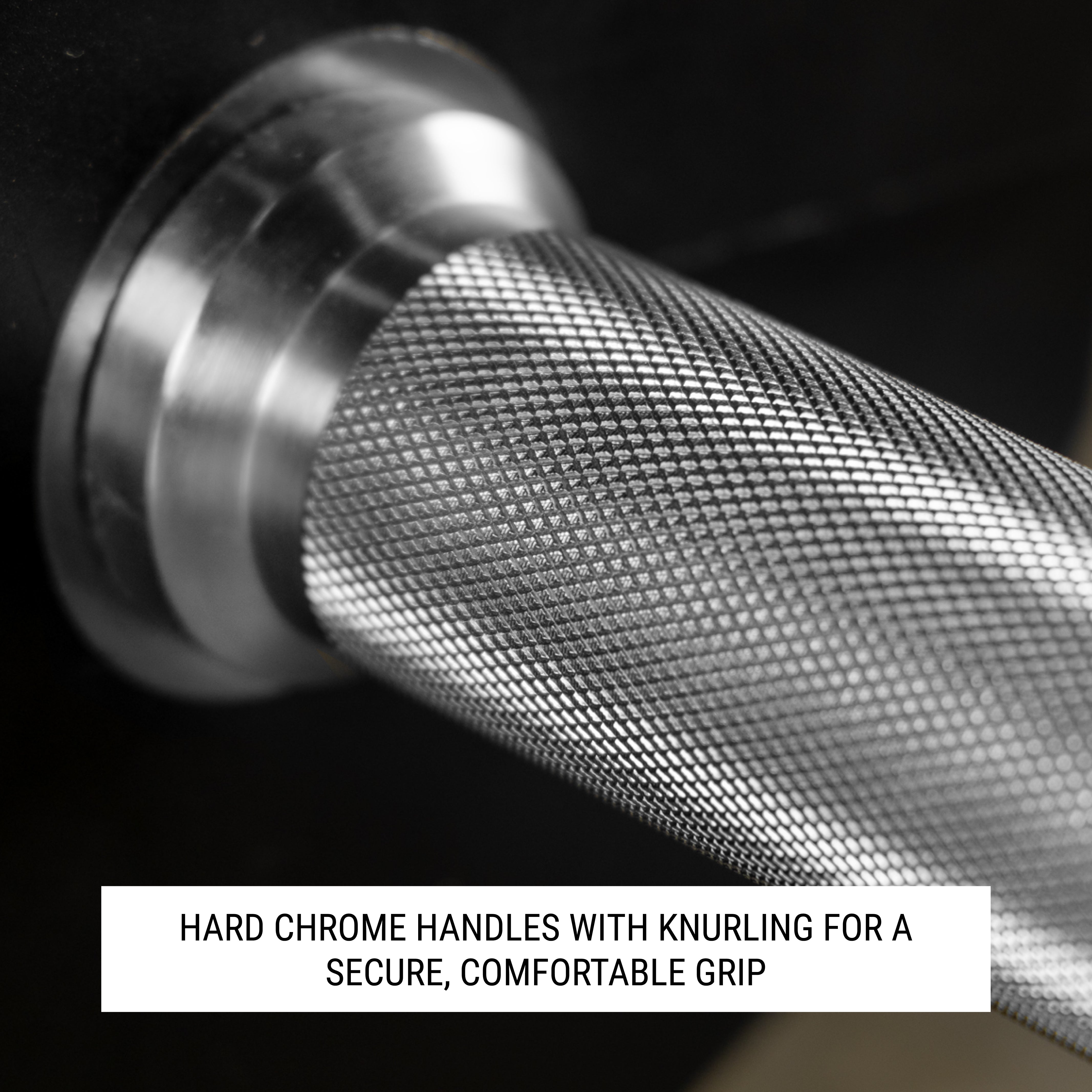 Closeup of 12-sided dumbbell knurling on the handle