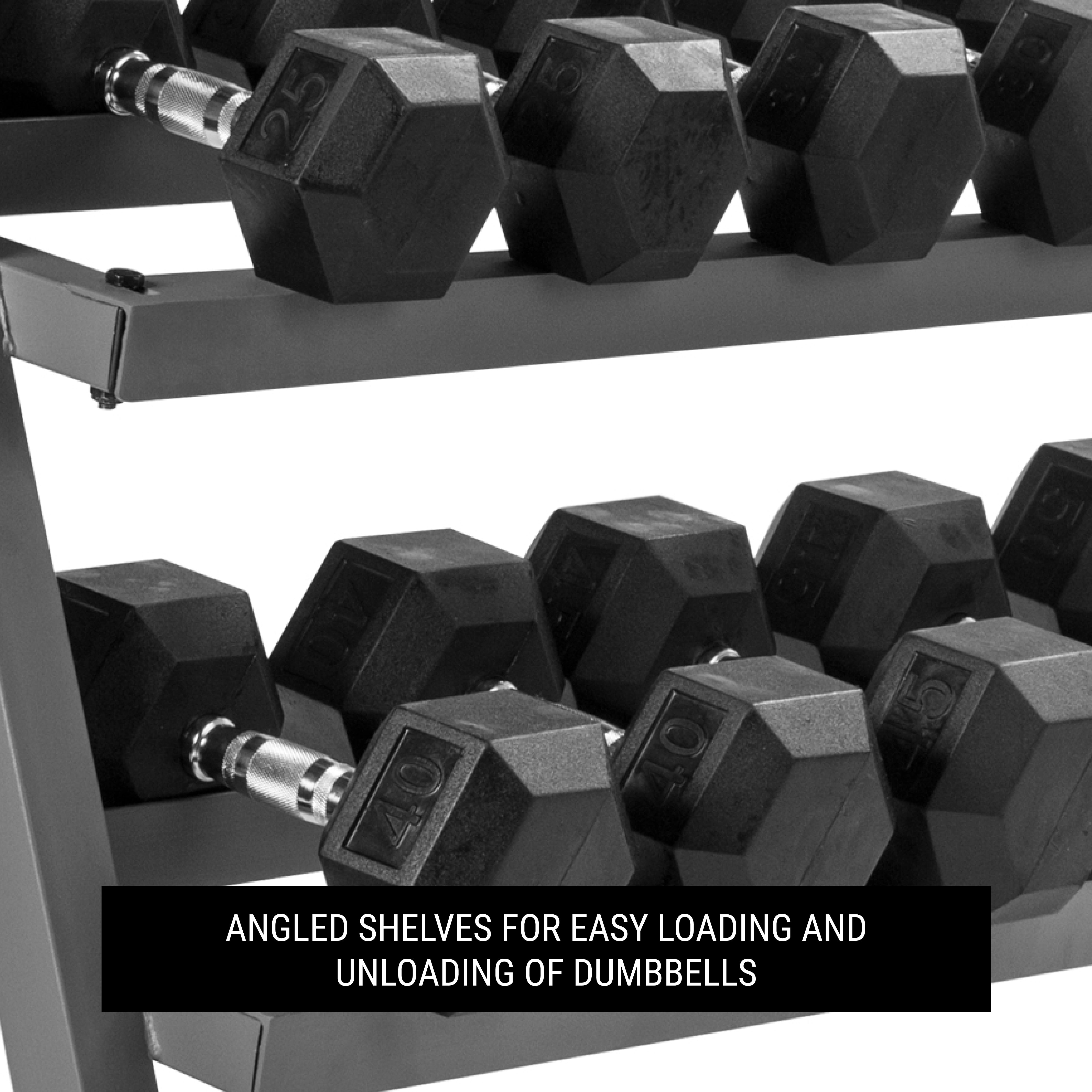 Angled and loaded dumbbell rack shelves