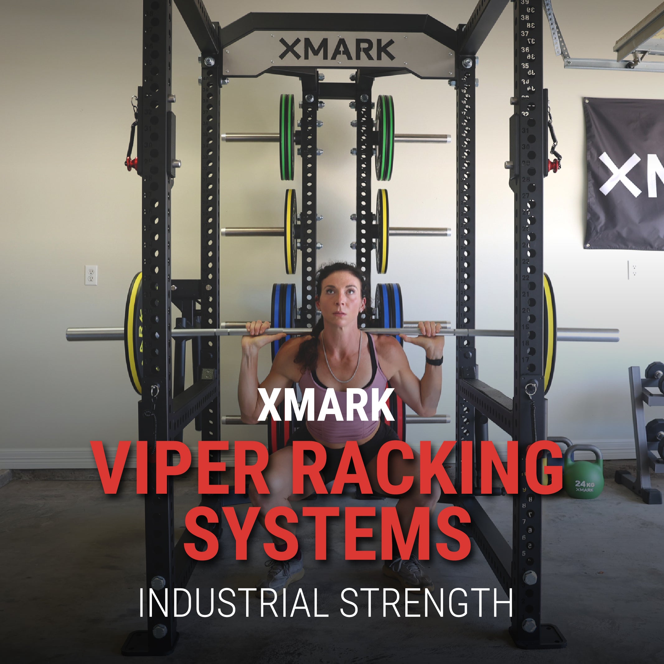 Woman in squat rack with barbell on her back