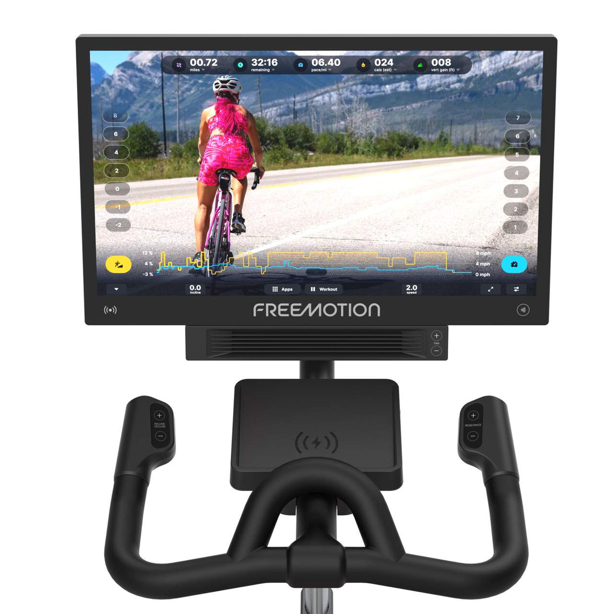 Close-up of the 24-inch HD touchscreen console on the Freemotion b24 CoachBike