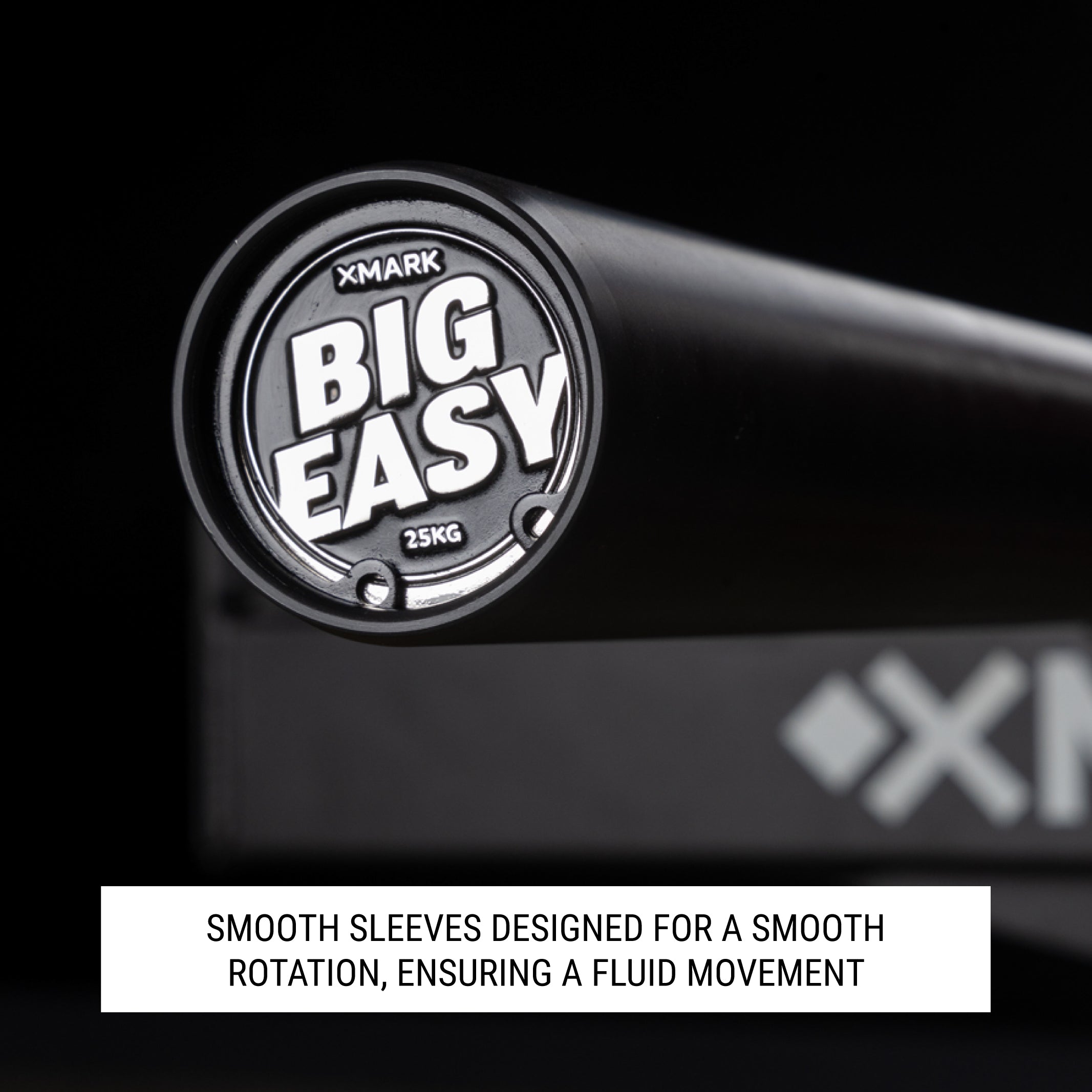  Black Barbell with end cap that reads "Big easy"