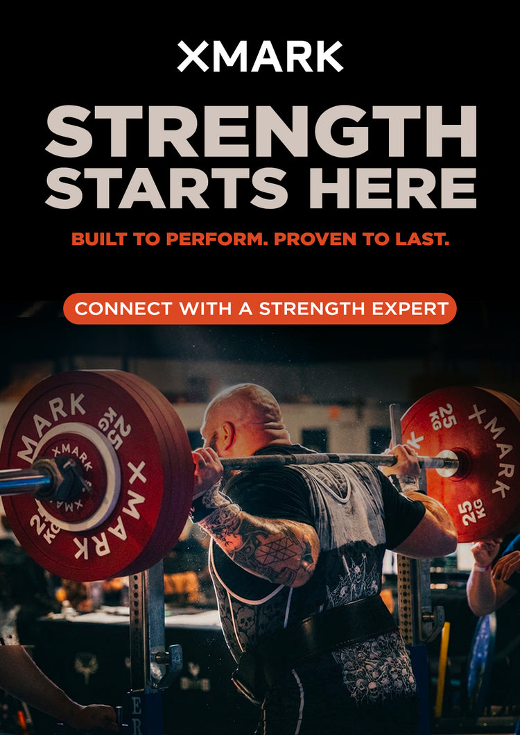 Person lifting a barbell with XMark weights, promotional text for XMark strength equipment.