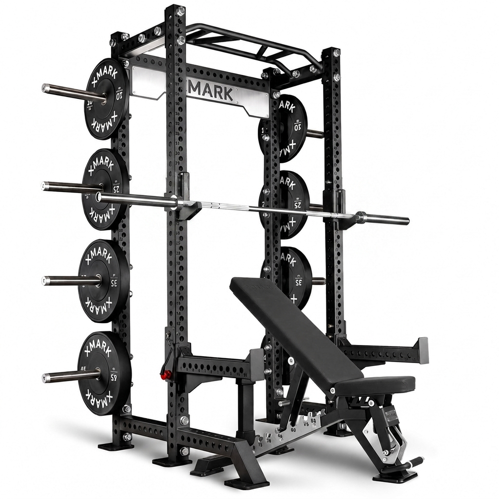 Viper Squat Rack Package includes the commercial squat rack, Catahoula barbell, 230 lbs of black bumper plates (10, 25, 35, and 45 lb pairs), and adjustable bench.