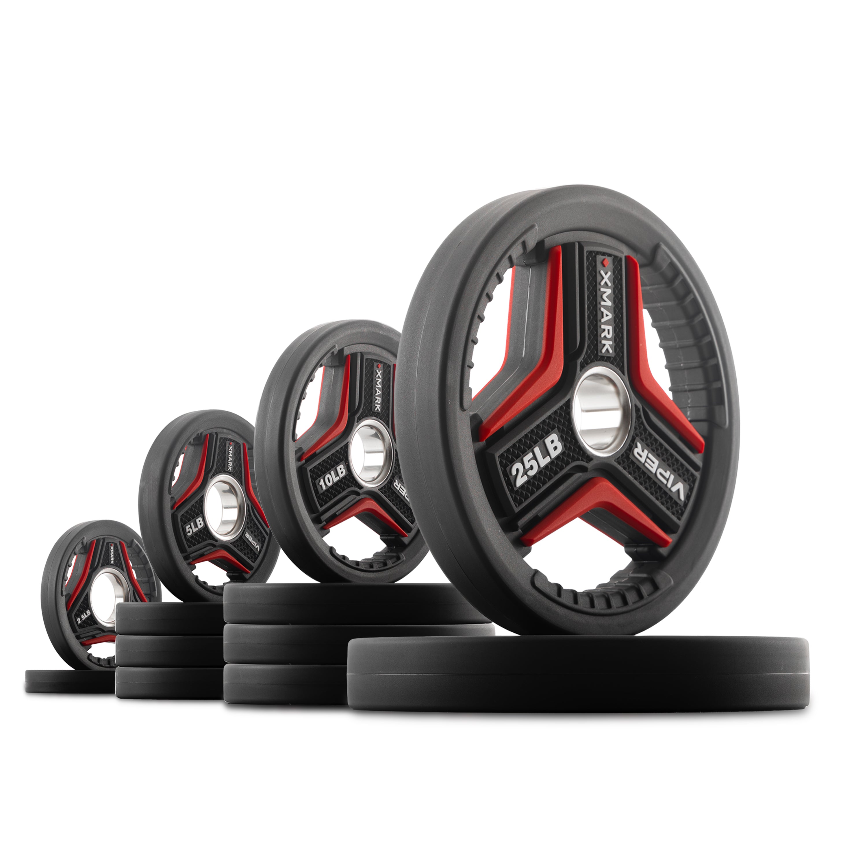 115 lb Set of XMARK VIPER Series Plates on a white background. The 115 lb set includes (2) 25 lb, (4) 10 lb, (4) 5 lb and (2) 2.5 lb.