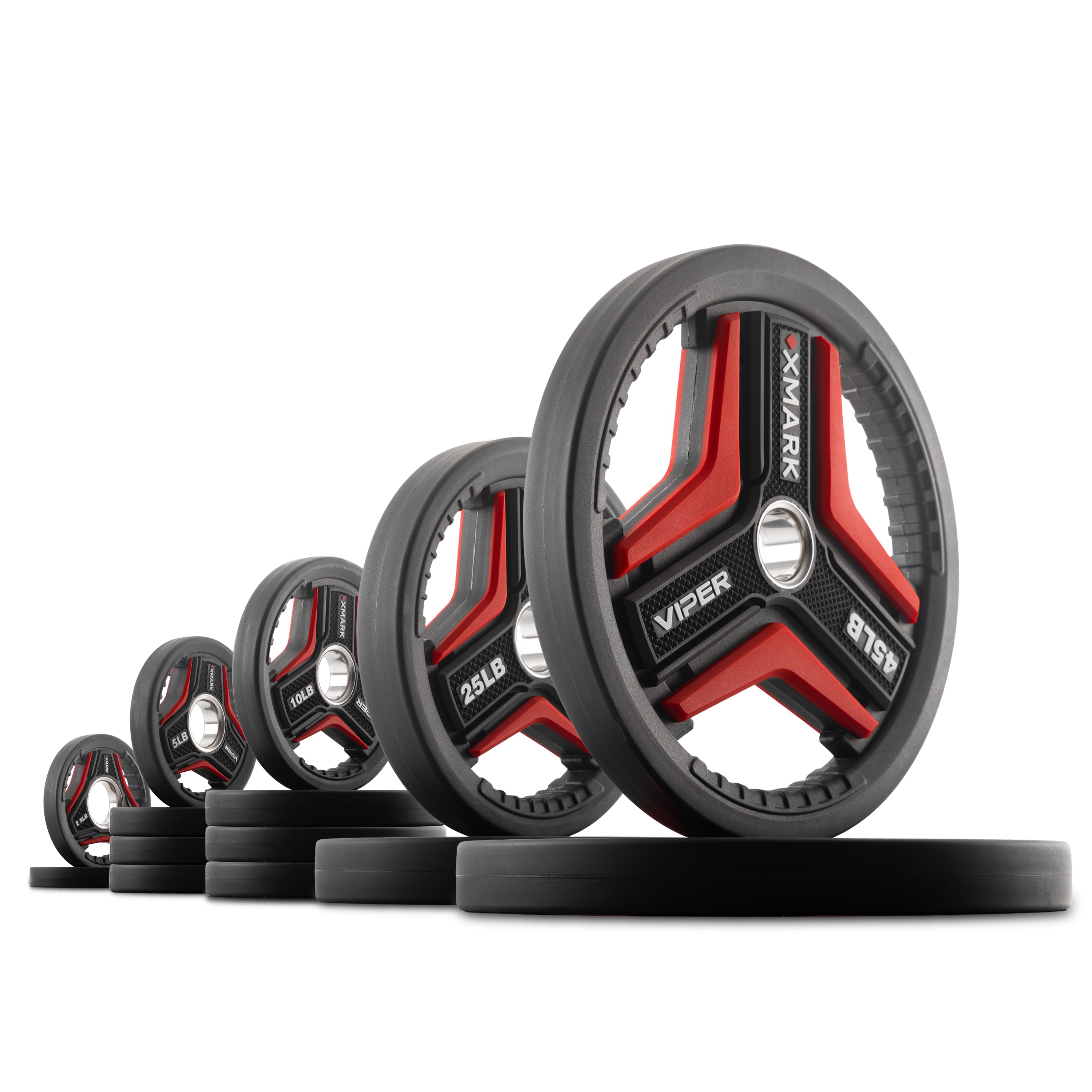 205 lb Set of XMARK VIPER Series Plates on a white background. The 205 lb set includes (2) 45 lb, (2) 25 lb, (4) 10 lb, (4) 5 lb and (2) 2.5 lb