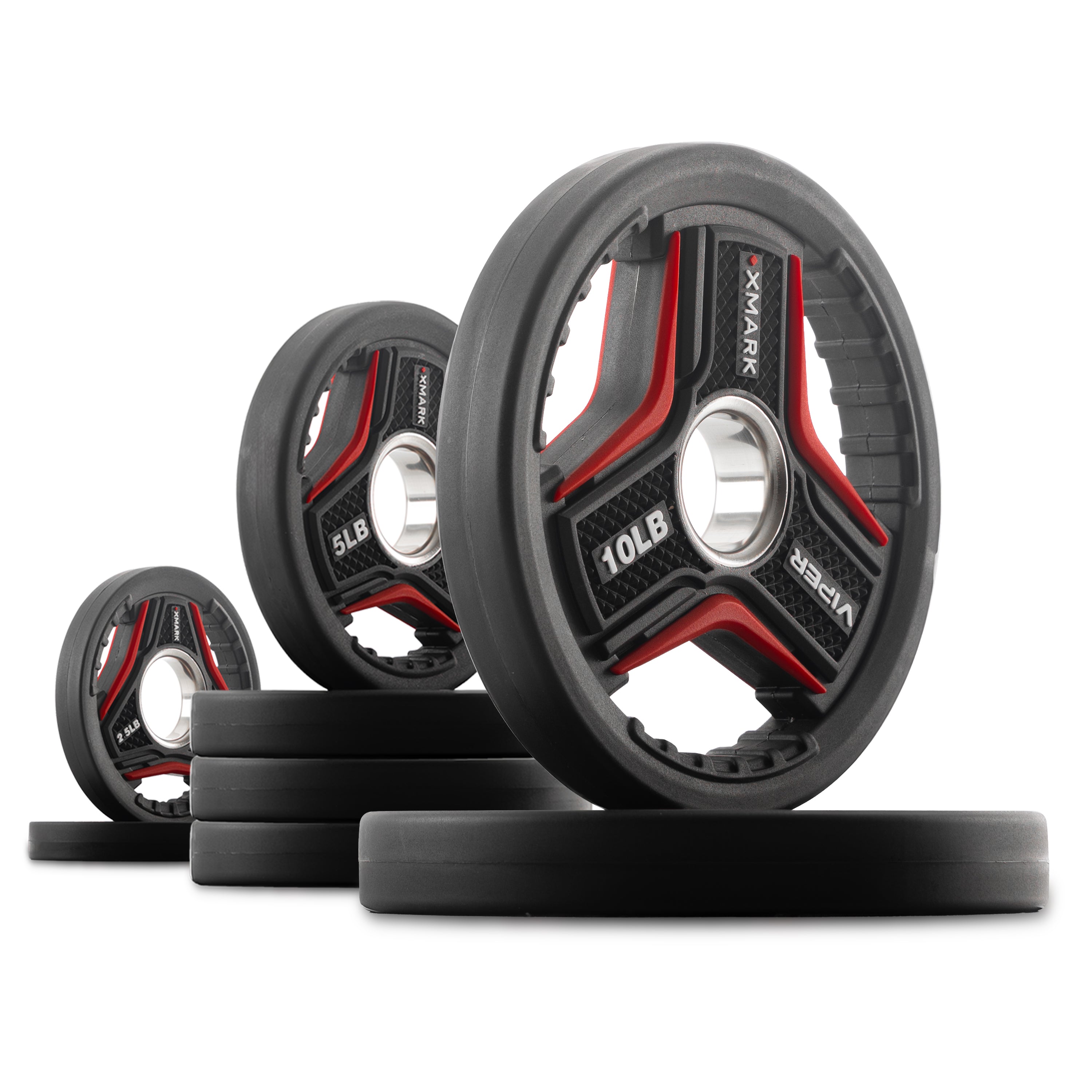 A 45 lb set of Viper Olympic Plates that includes  (2) 10 lb, (4) 5 lb and (2) 2.5 lb plates.
