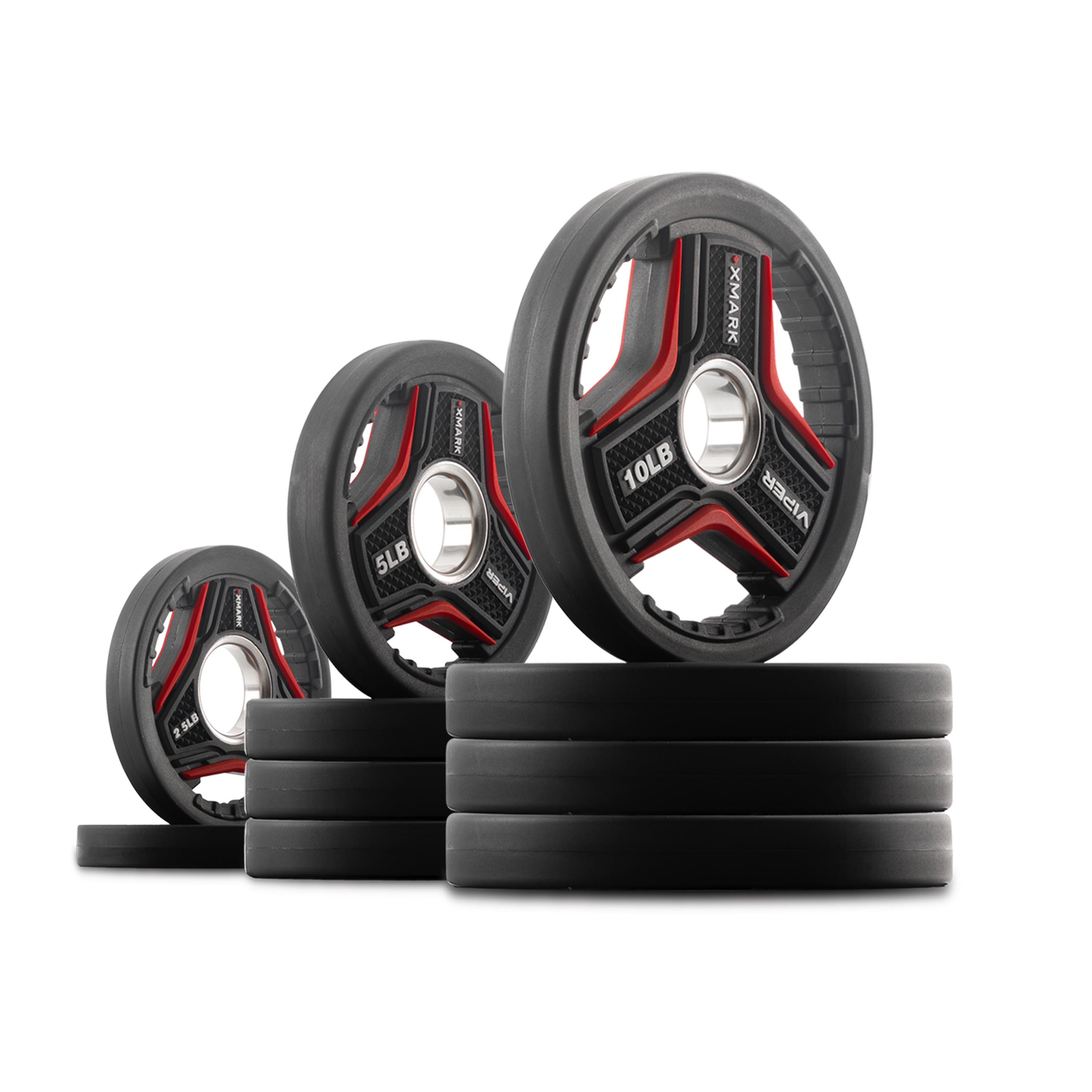 65 lb Set of XMARK VIPER Series Plates on a white background. Set includes four 10 lb plates, four 5 lb plates, and two 2.5 lb plates.