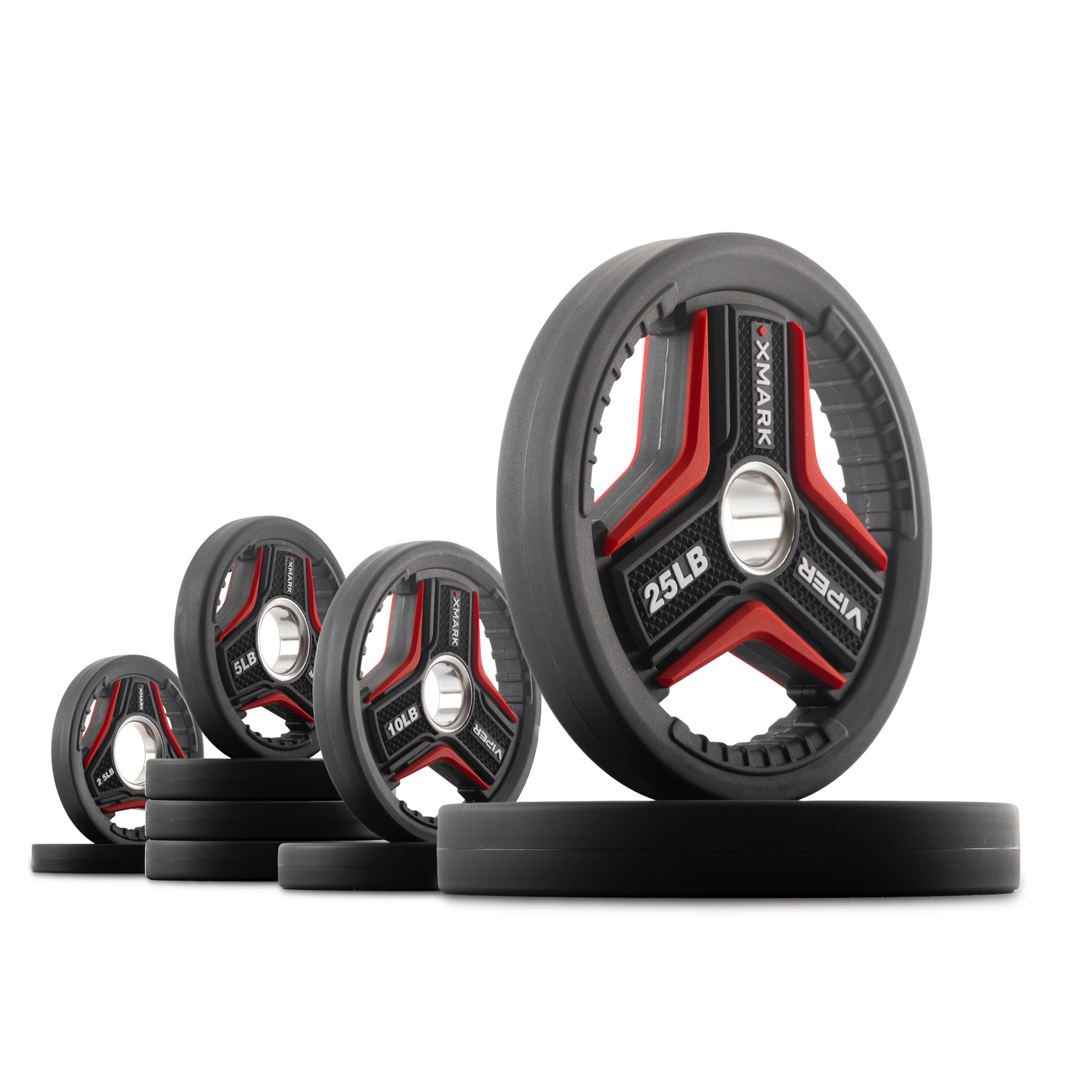 95 lb Set of XMARK VIPER Series Plates on a white background. The 95 lb set includes (2) 25 lb, (2) 10 lb, (4) 5 lb and (2) 2.5 lb.